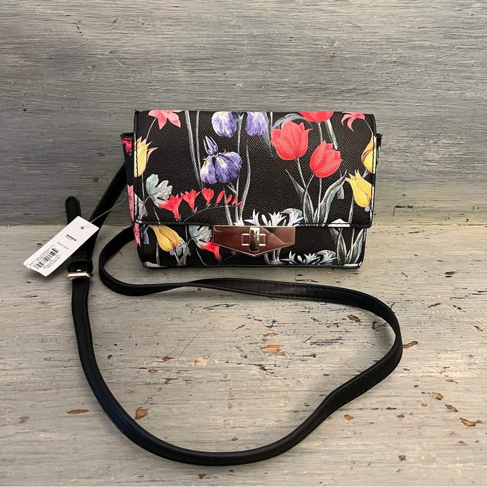 Apt 9 Black Faux Leather Floral Print Crossbody Bag Purse NWT